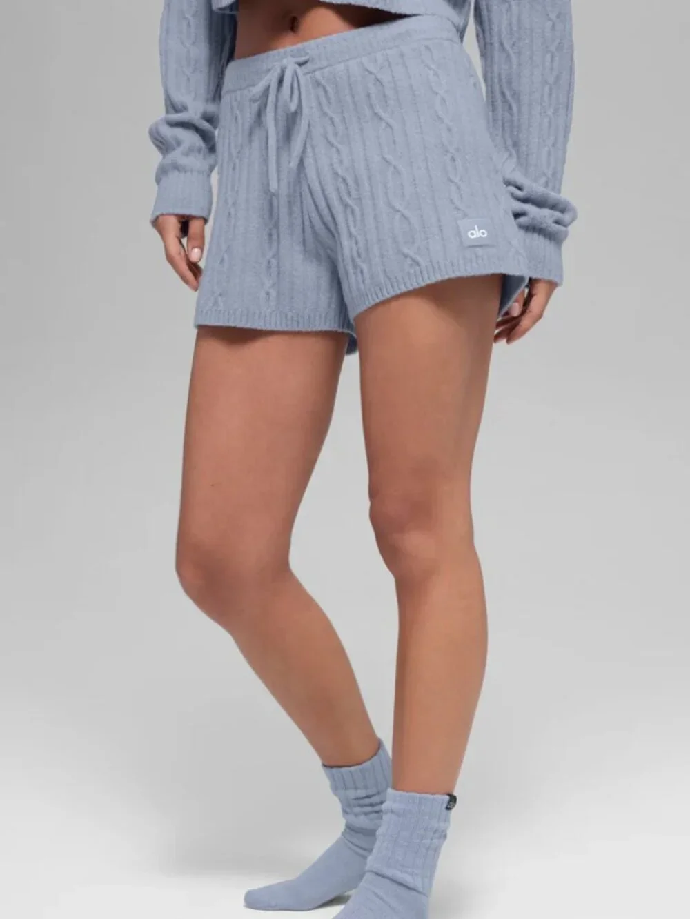 New ALO Yoga Cable Knit Winter Bliss Shorts NWT, Winter Frost (Light Blue), XXS